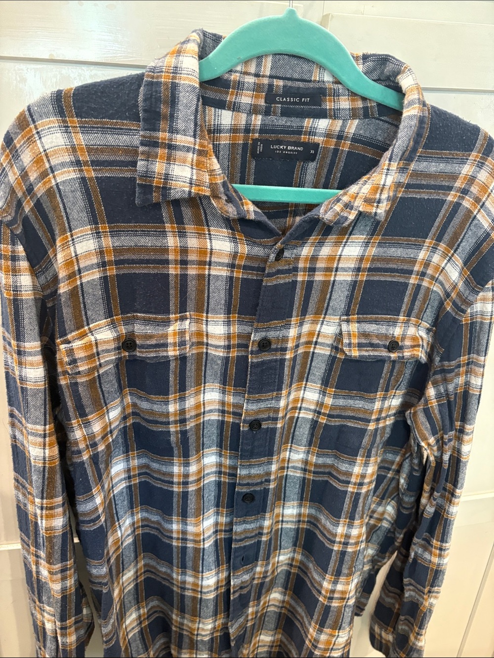 Lucky Brand Men’s Navy and Mustard Plaid Button-Up Shirt